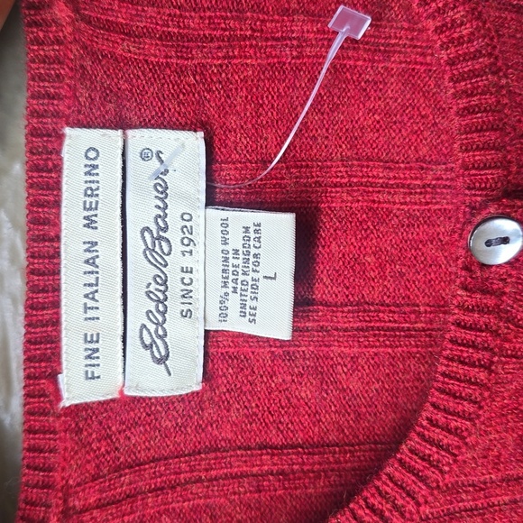 Eddie Bauer Red Ribbed At Fine Italian Merino Wool Henley Sweater Cropped Large - Picture 2 of 5